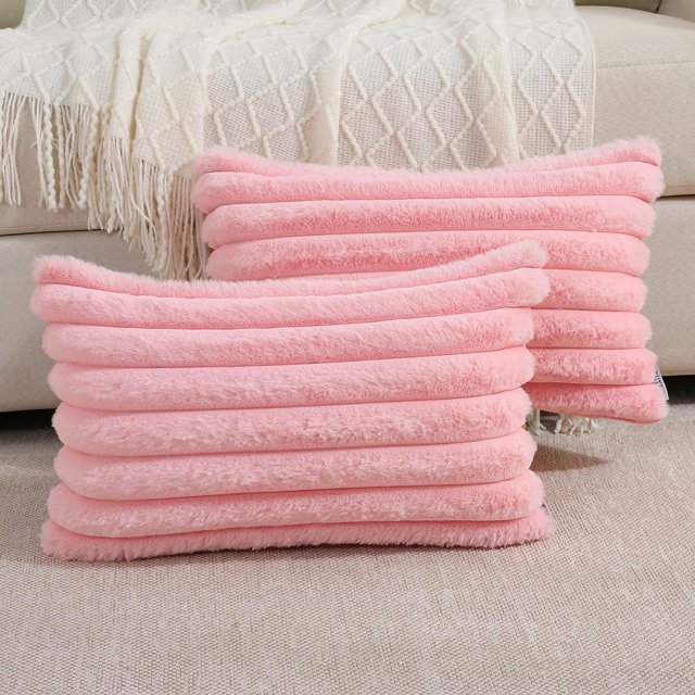 SURJDE Pink Striped Decorative Throw Pillow Covers 12x20 Inch Set of 2,Rectangle Fall Decorations Couch Lumbar Pillowcase,Soft Cozy Faux Rabbit & Velvet Back,Modern Home Decor for Bed