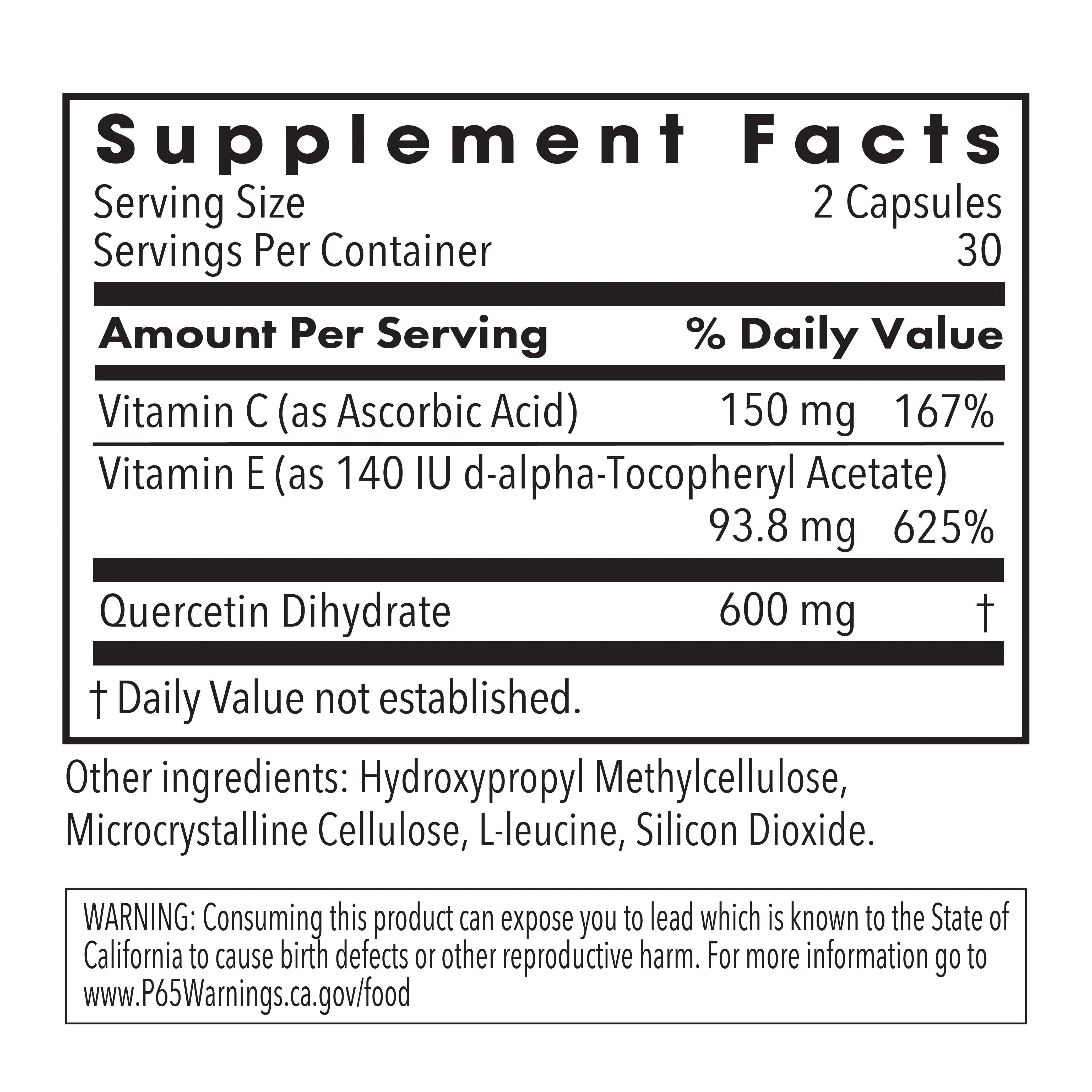 ARG Quercetin 300 - Supports Mast Cell and Histamine Response - Includes Vitamin C - Delivers 300 mg Quercetin Per Capsule - Vegetarian & Hypoallergenic - 30 Servings - 60 Capsules