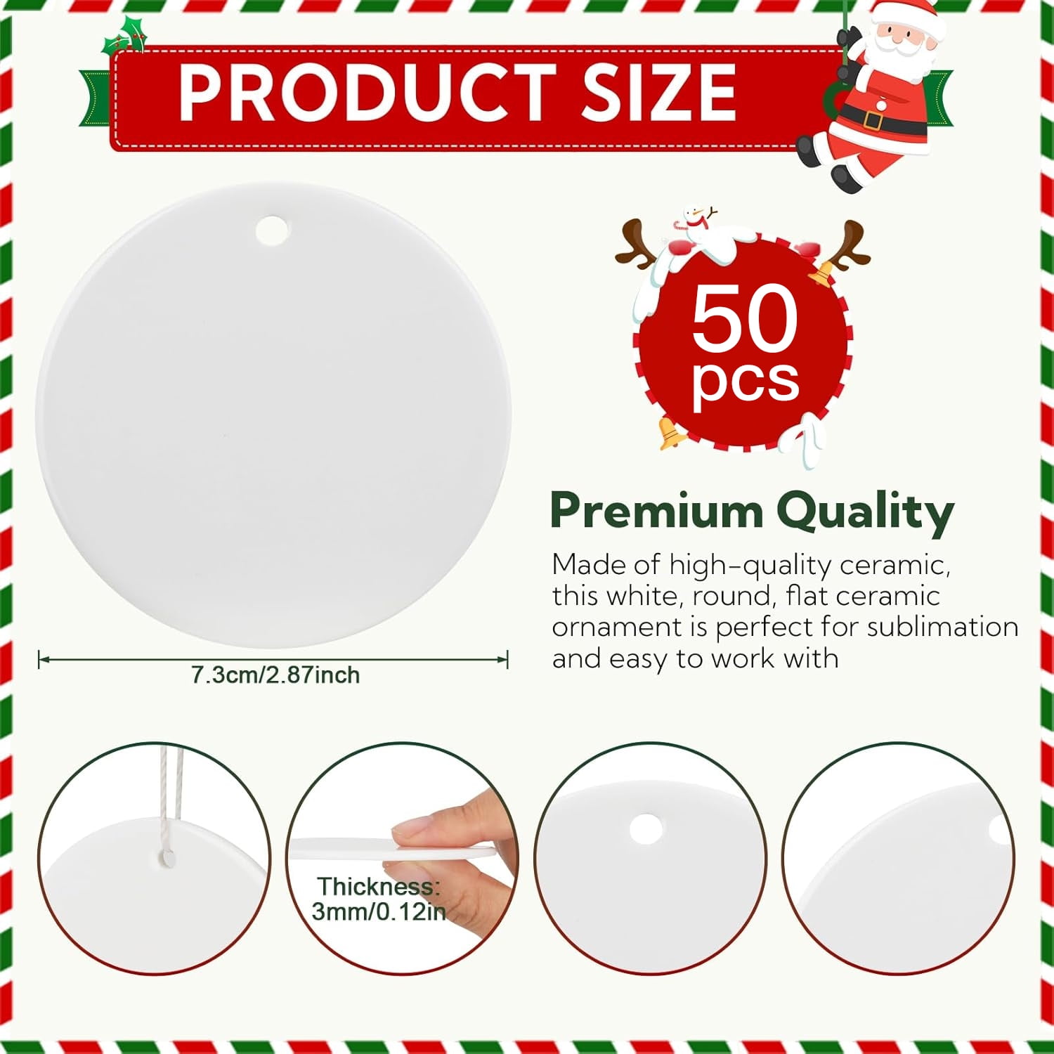 50 Pack Sublimation Ornament Blanks 3" Ceramic Two-Sided Printed Sublimation Christmas Ornaments Bulk Round White Ornaments for Personalized Xmas Tree Ornament Home Decor Heat Transfer DIY Craft