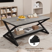 47 inch Gray Rectangle Coffee Table for Living Room, 2-Tier Wooden Coffee Tables with Round Corner, Modern Center Table for Small Space, Apartment, Office