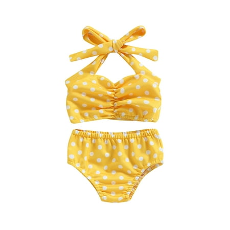 

Toddler Baby Girls 2 Piece Swimsuits Dot Print Bandage Halter Tops and Beach Shorts Summer Bikini Set Bathing Suits Swimwear