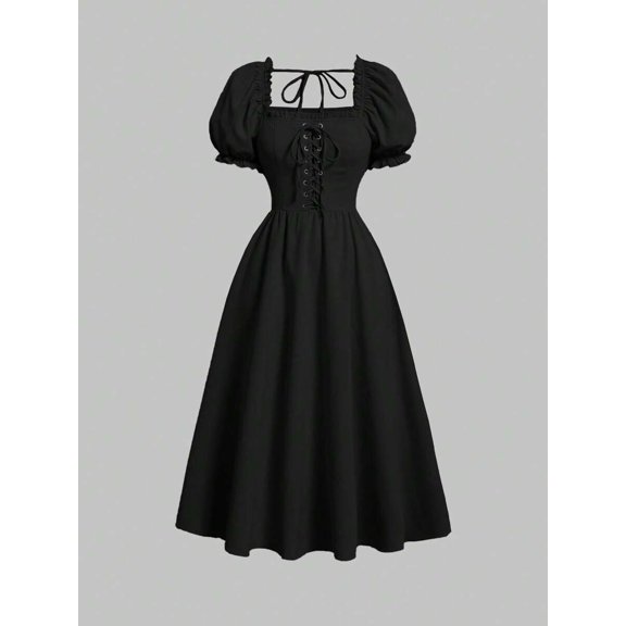 Black Lace-Up Front Puff Sleeve Square Neck Midi Dress, A-Line Fit, Solid Color, Romantic Vintage Style