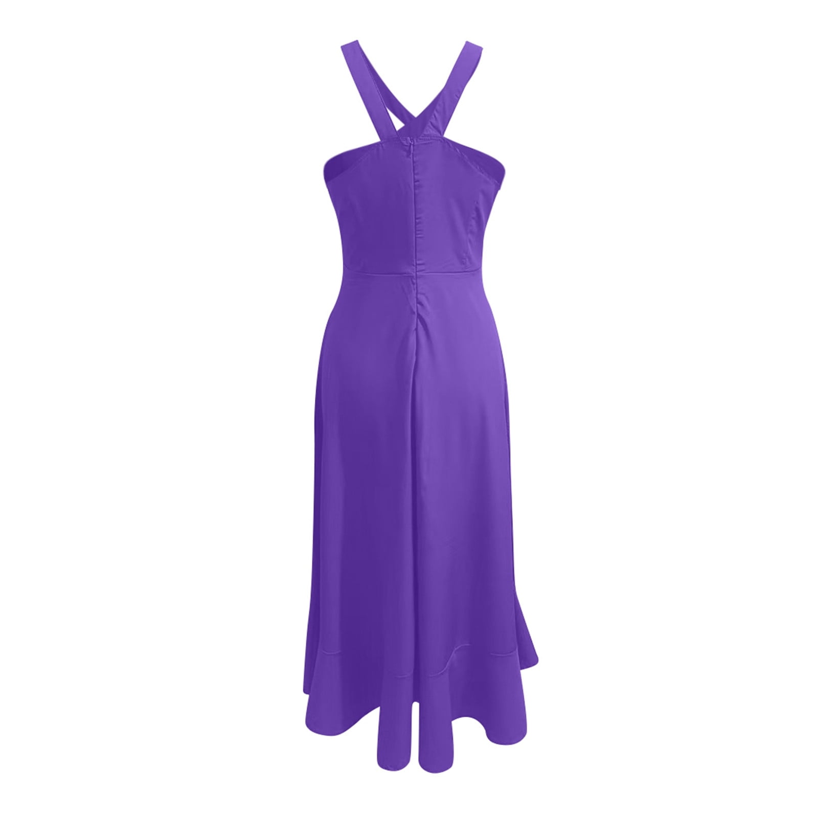 Jamsmile Womens Dress Solid Color Halter Cross Strap Ruffles Hem High Split Party Long Dresses Elegant Ladies Slim Fit Party Dress