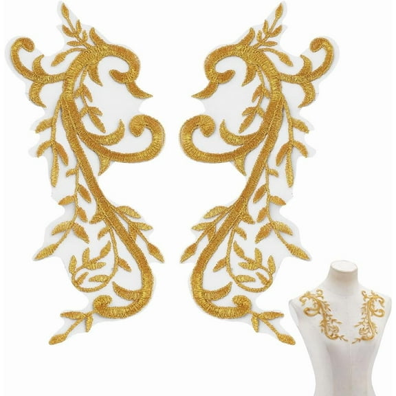 1 Set 1 Pair Flower Lace Embroider Iron on/Sew On Patches Cloth Appliques Gold 245x93x1mm