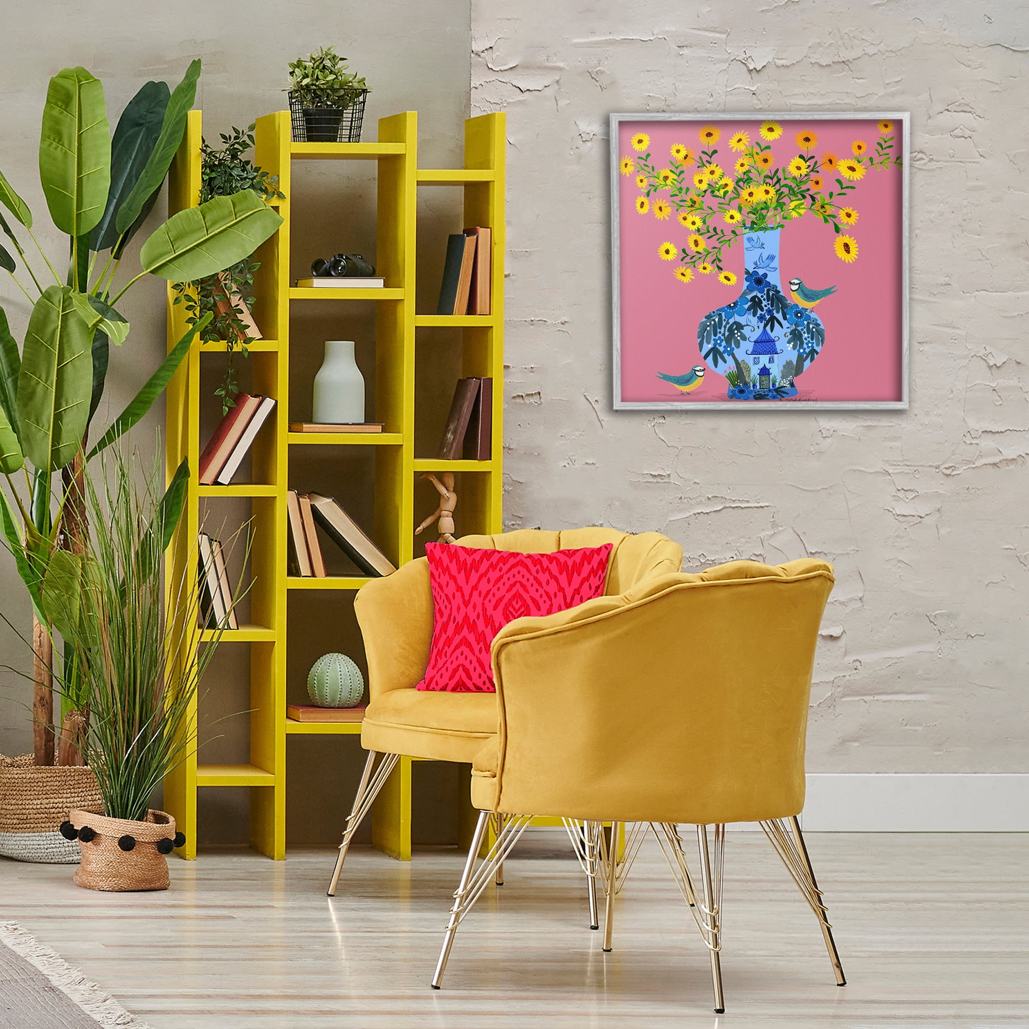 Stupell Industries Ornate Vase with Daisies Floral Painting Gray Framed Art Print Wall Art, 24 x 24