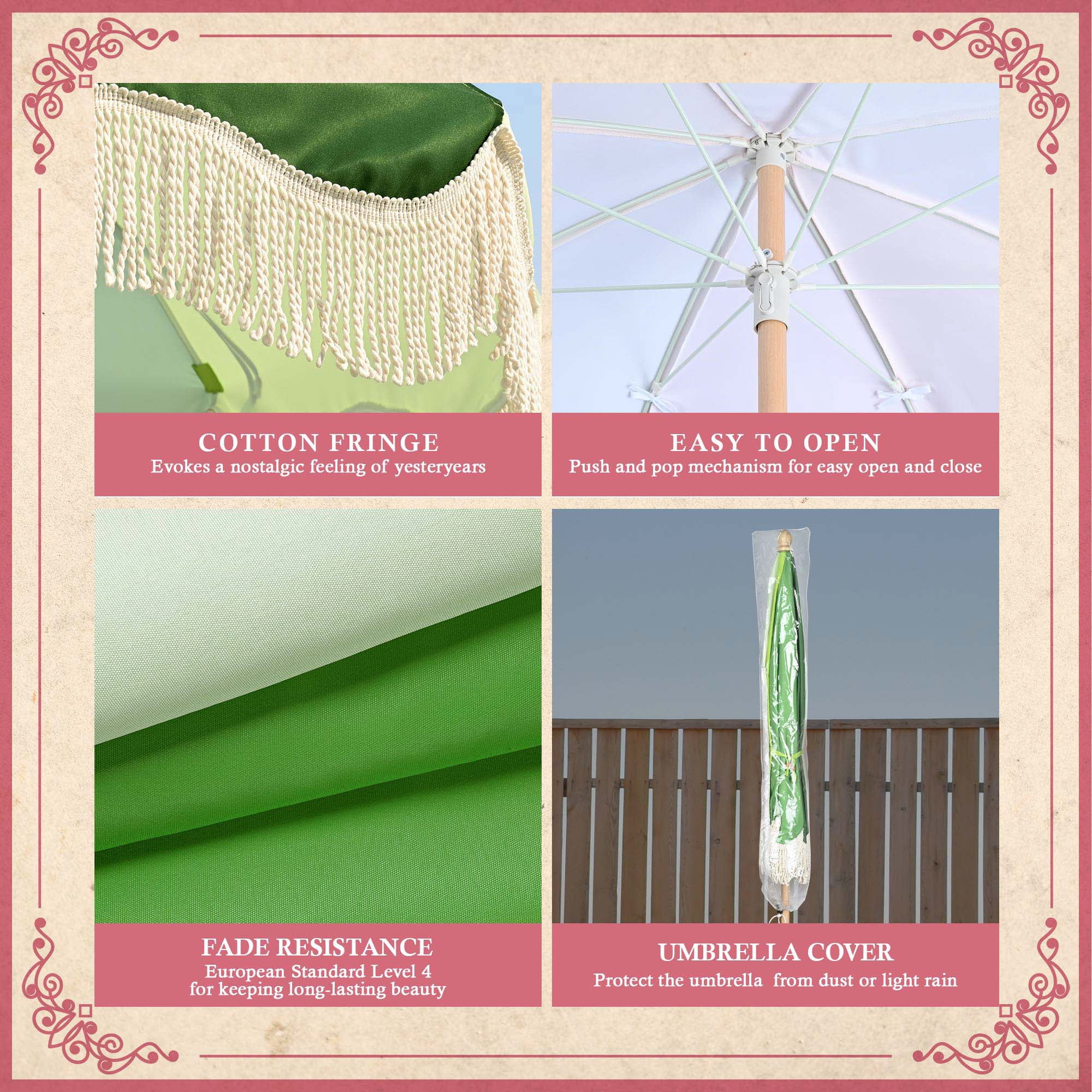 LAGarden 6Ft Fringe Patio Umbrella with Tassels & Carry Bag 50 / 60s Vintage Style Umbrella Wood Green,Model: PS6-04