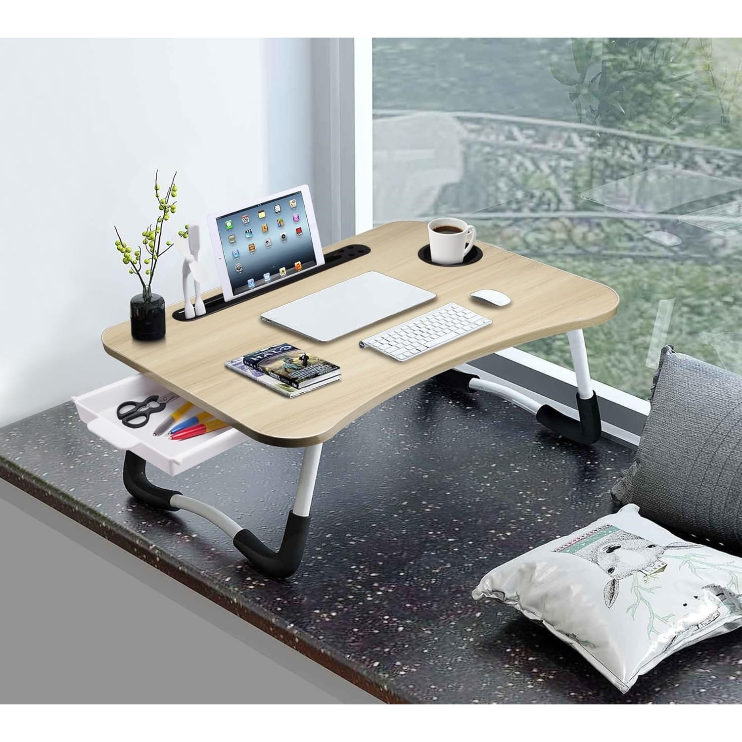 Lap Desk with Tablet Slot, Foldable Laptop Table with Storage Drawer,Portable Bed Desk for Laptop, Computer Tray with Cup Holder Notebook Stand Reading Holder for Couch Floor, White Maple