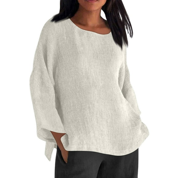 hoksml Women's Long Sleeve T Shirts Blouses Solid Color Cotton Linen Tops Crew Neck Pullover Shirts Casual Beach Vacation Clothes 2025 Summer Clearance