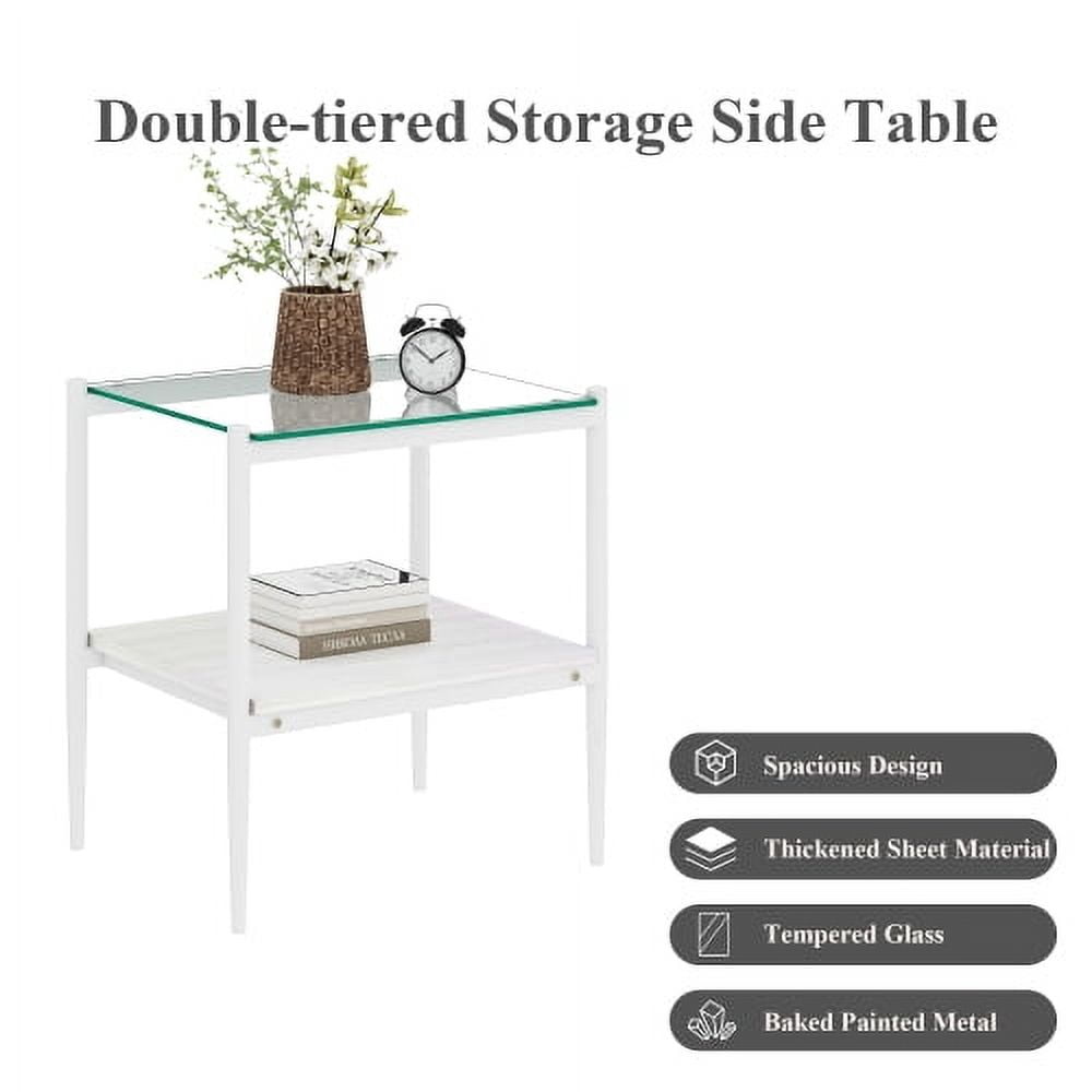 MOONMISS 2 Pack Rectangle End Table, Tempered Glass Top Side Table with MDF Frame, Modern Transparent Glass Accent Table for Living Room, Bedroom, Home Decor, White