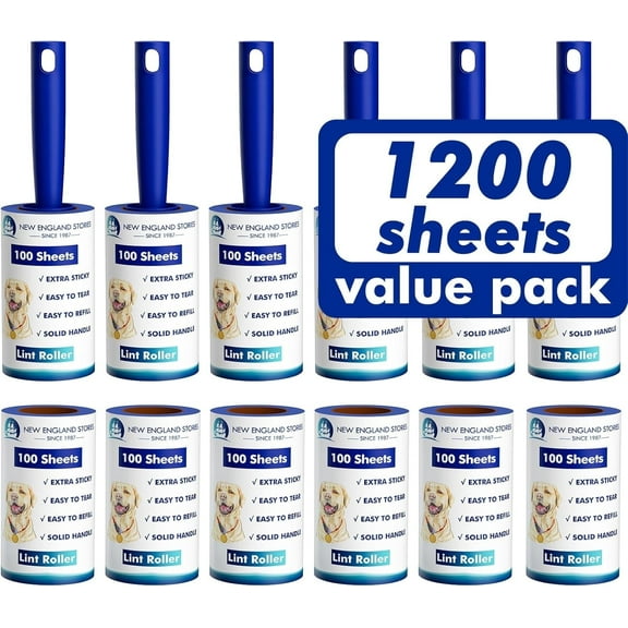 New England Stories Extra Sticky Lint Roller, 12-Pack, 1200 Sheets