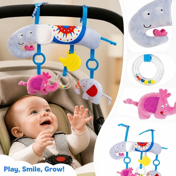 Car Seat Toys Hanging for Babies 0-3 3-6 6-12 Months, Plush Infant Stroller Toy , Crinkle and Squeaker, Soft Cute Shower Gifts for Newborn Boys Girls