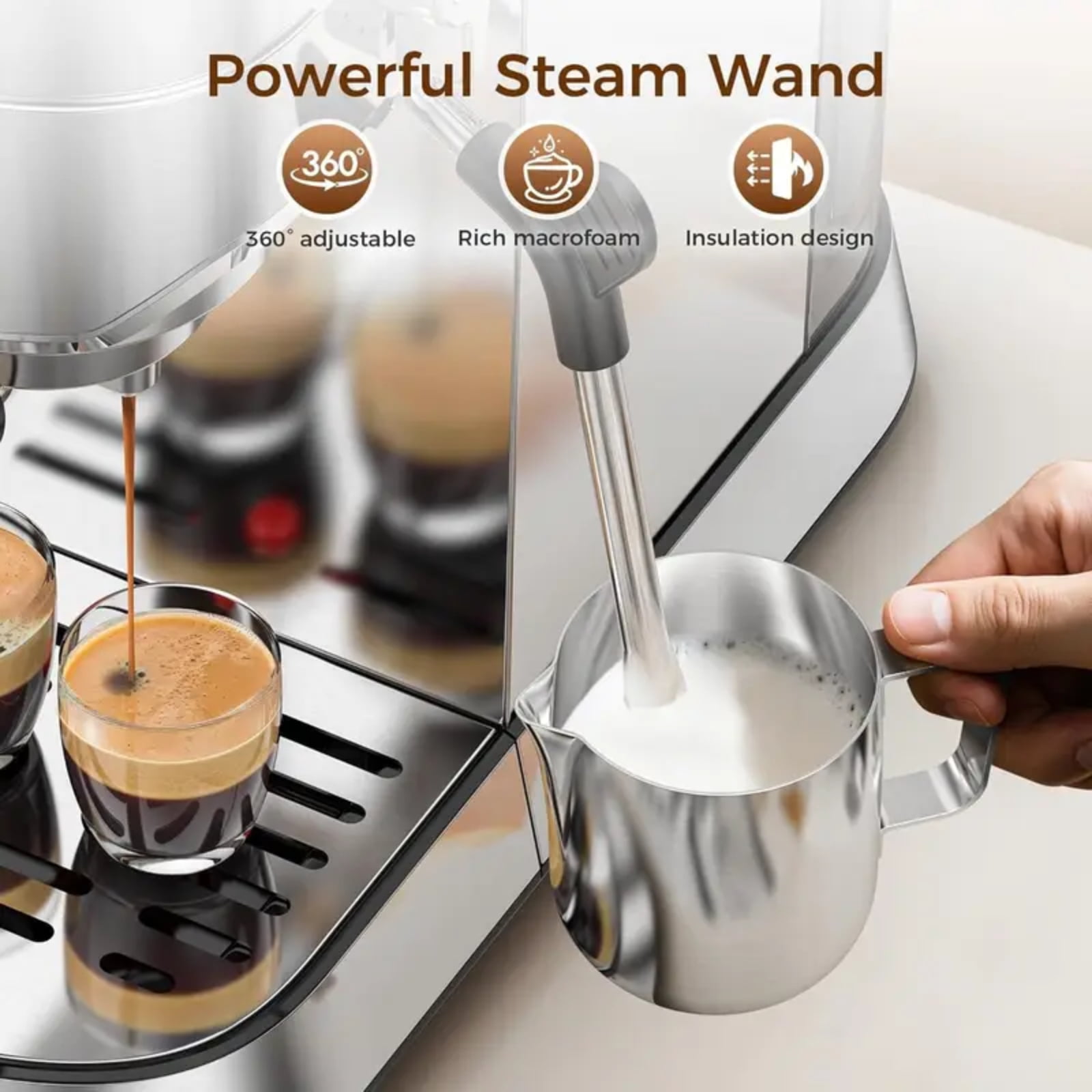 Auseo 20 Bar Espresso Coffee Maker with Milk Frother Steam Wand, 40oz Removable Water Tank, Espresso/Cappuccino/Latte/Mocha for Home, Stainless Steel