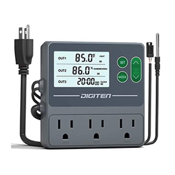 DIGITEN Temperature and Humidity Controller with Timer - 3 Outlet, 2 Separate Probes, Plug in Temperature Controller for Reptiles ,Snake, Mushrooms