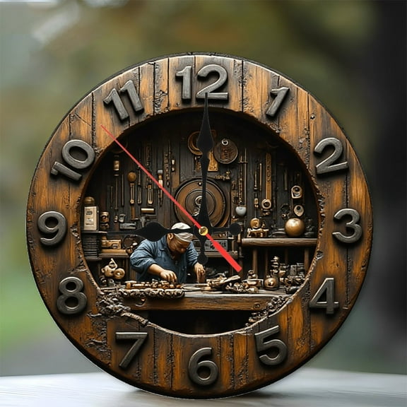 Vintage Wood Workshop Clock Wall Decor 10-Inch Silent Wooden Wall Clock, Battery Operated (AA Batteries Not Included), Artistic Home Decor