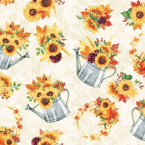 Hoffman Fabrics Thanksgiving Fall Blooms Metallic Flowers in Watering Can Cream 100% Cotton Sold by the Yard