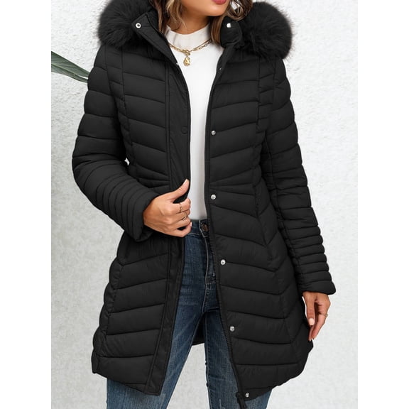 Giolshon Women's Winter Thickened Quilted Puffer Jacket Zipper Pockets Bubble Coat with Removable Hood and Faux Fur Collar