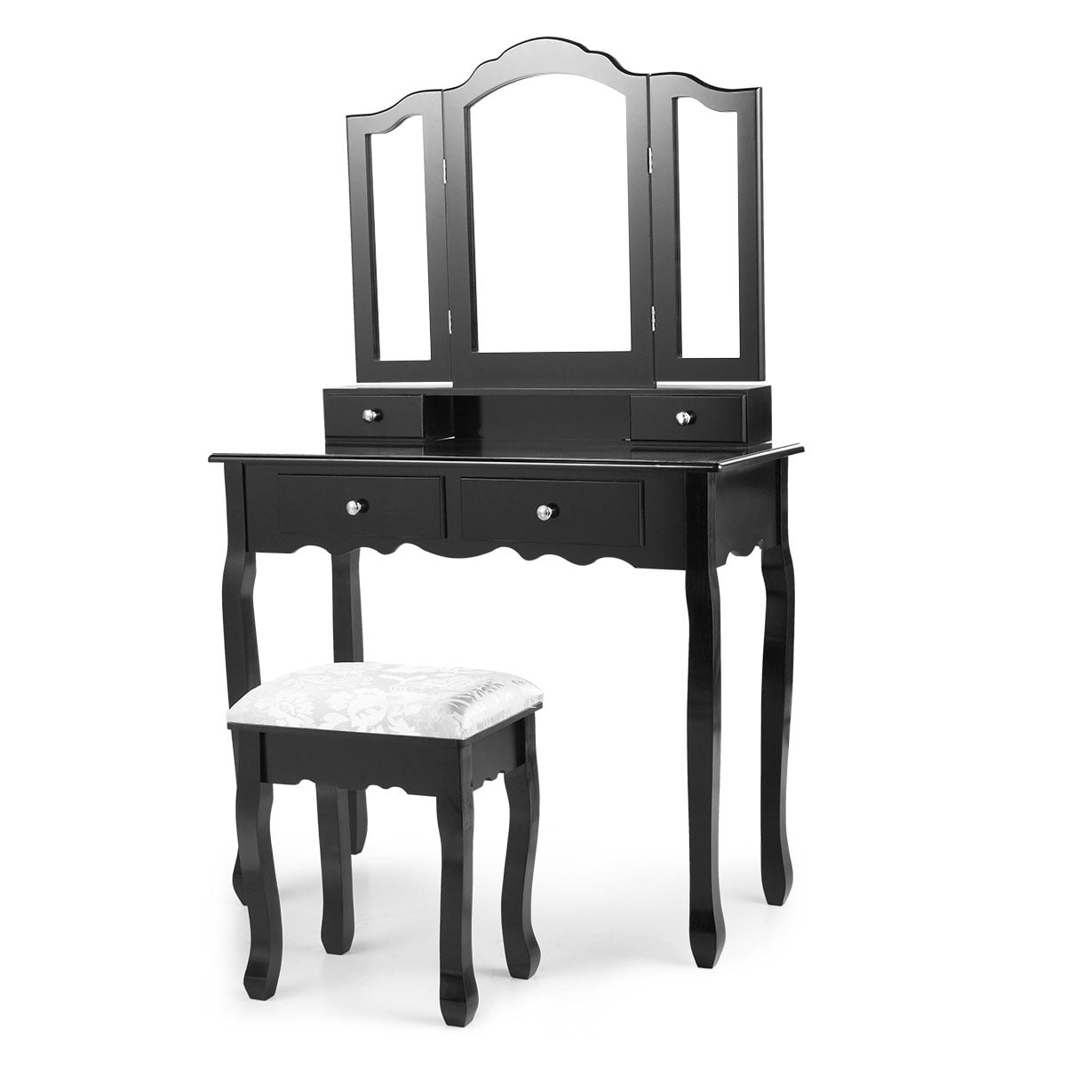 Kepooman Vintage Wooden Vanity Set, Makeup Dressing Desk with Cushioned Stool & Tri Folding Mirror - Black Kepooman Vintage Wooden Vanity Set, Makeup Dressing Desk with Cushioned Stool & Tri Folding Mirror - Black