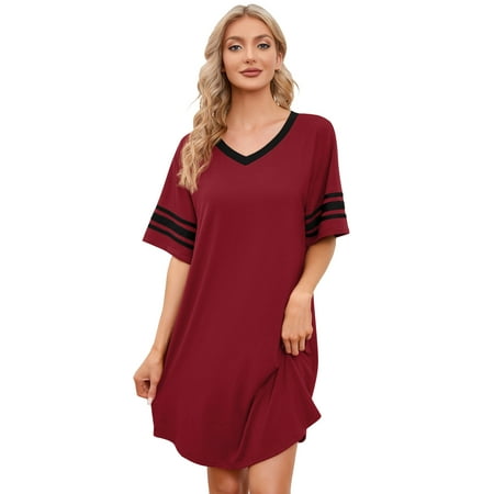 

MINTREUS Women s Nightgown Short Sleeve Nightshirt V Neck Sleep Shirt Loose Loungewear Casual Sleepwear