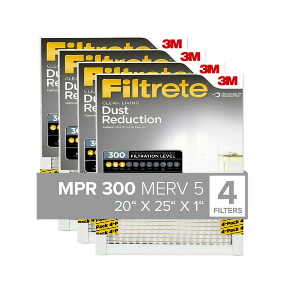 Filtrete 20x25x1 Air Filter, MPR 300 MERV 5, Dust Reduction, 4 Filters