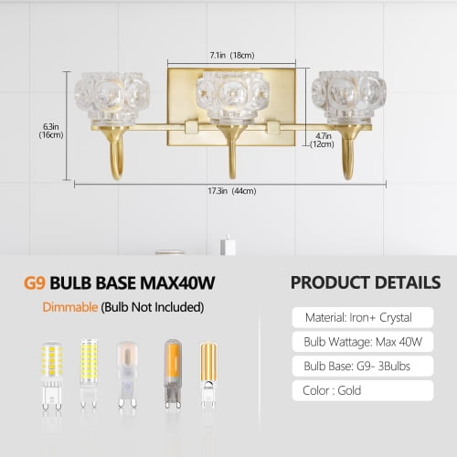 ACE-LIGHTS,Retro 3-Light Bathroom Vanity Light Fixture with Crystal Glass Shades(Bulbs Not Included),Wall Mounted Lighting for Bathroom,Dressing Room,Powder Room and Vanity Mirror(Golden）