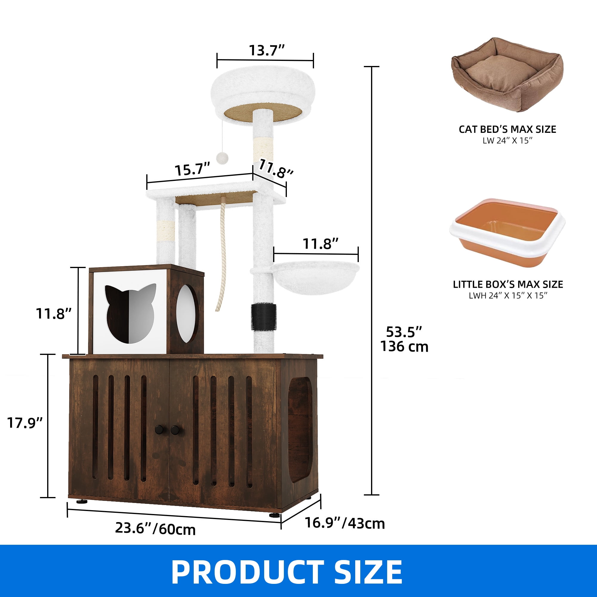 Dextrus 2-in-1 Cat Tree with Litter Box Enclosure,53.5" Large Modern Cat Condo with Scratching Posts, Perch, Food Station, Hammocks, Scratch Post, Rustic Brown