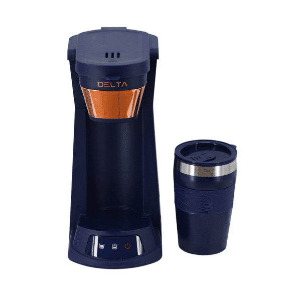 Prime Cuisine Single Cup Coffee Maker with 16oz Tumbler – Compact Single Serve Coffee Machine, Reusable Filter, Skid-Resistant Feet, Blue