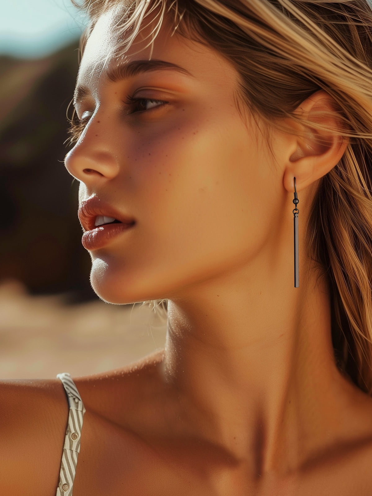 FOCALOOK Black Dangle Earrings for Women Hypoallergenic Minimal Long Thin Drop Dangling Vertical Bar Earrings