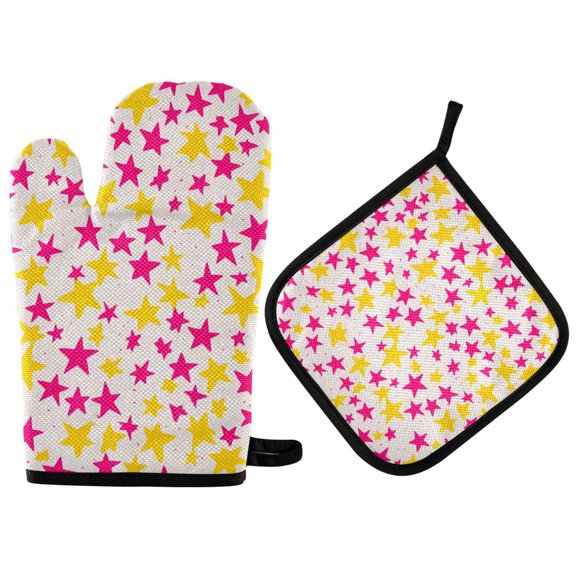 Yayeee Oven Mitts and Pot Holder Set of 2 Heat Resistant Kitchen Gloves Baking Hot Pad, Beige Stars