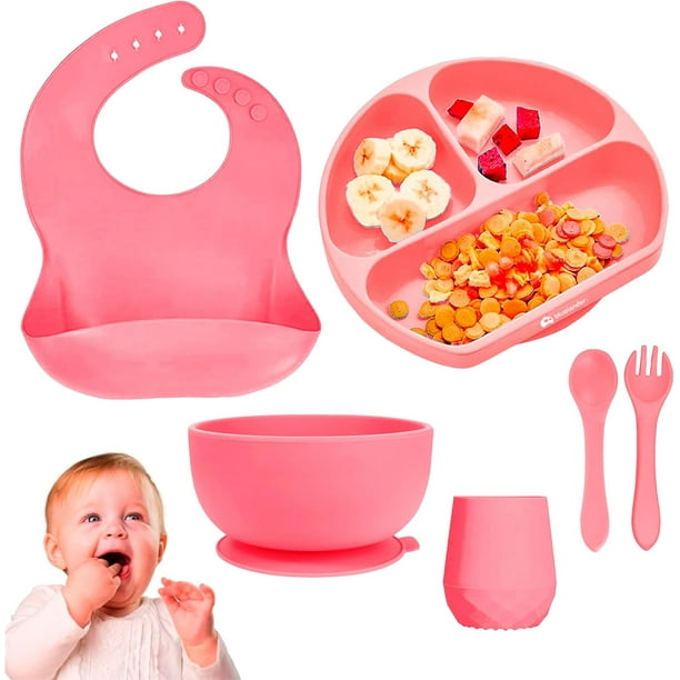 Juego de Vajilla para Bebé de Silicón, Rosa, Bluelander CBHH-0105