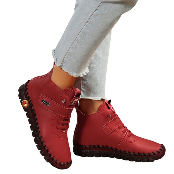 Dakaela Women's Leather Ankle Boots with Arch Support Comfortable Hand-Stitched Soft Sole Slip On Chukka Booties High Top Sneakers with Hook and Loop Size 6-9