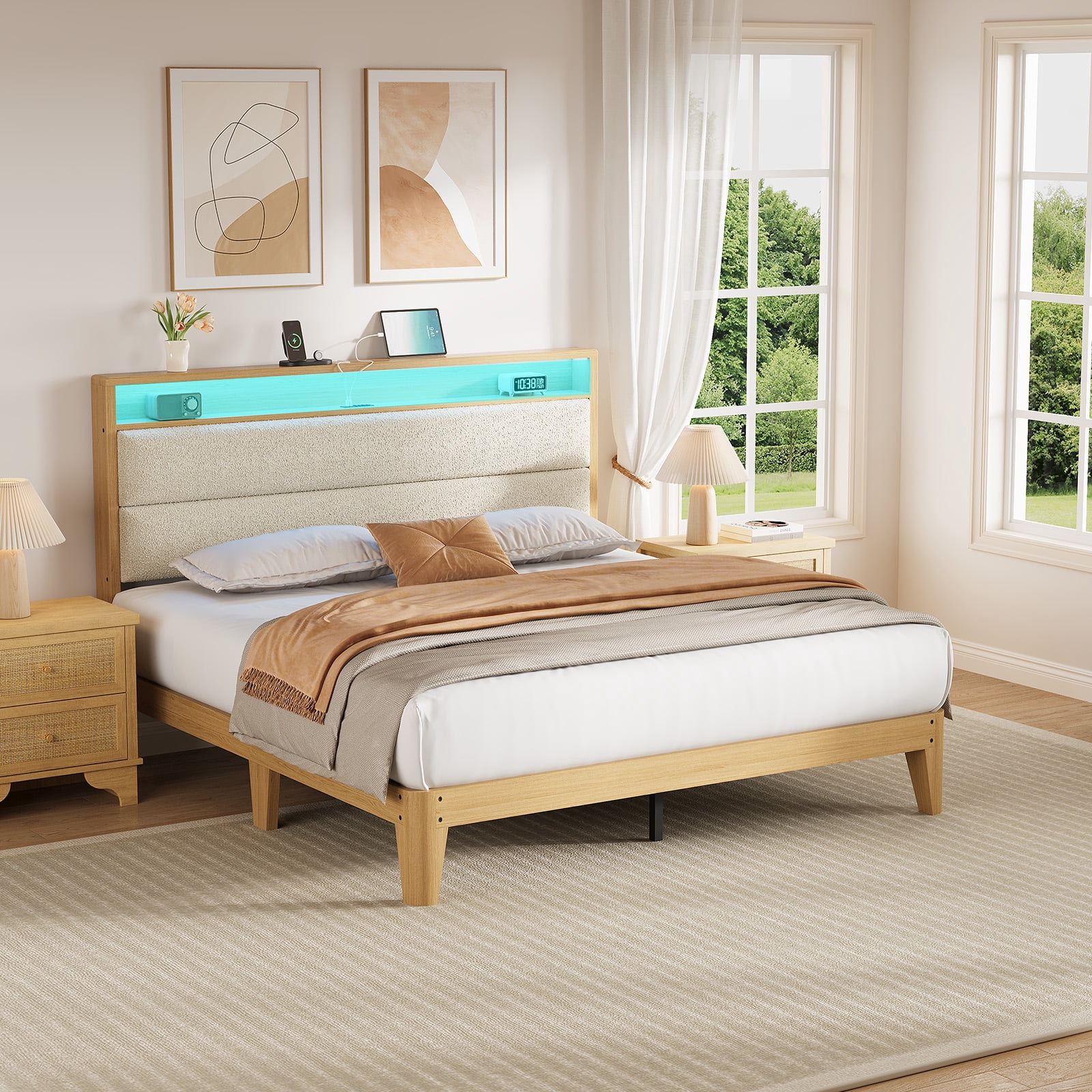Queen Size Upholstered Bed Frame with LED Lights & Charging Station, Boucle Headboard Platform Bed with Wooden Slats, No Box Spring Needed, Easy Assembly，Beige