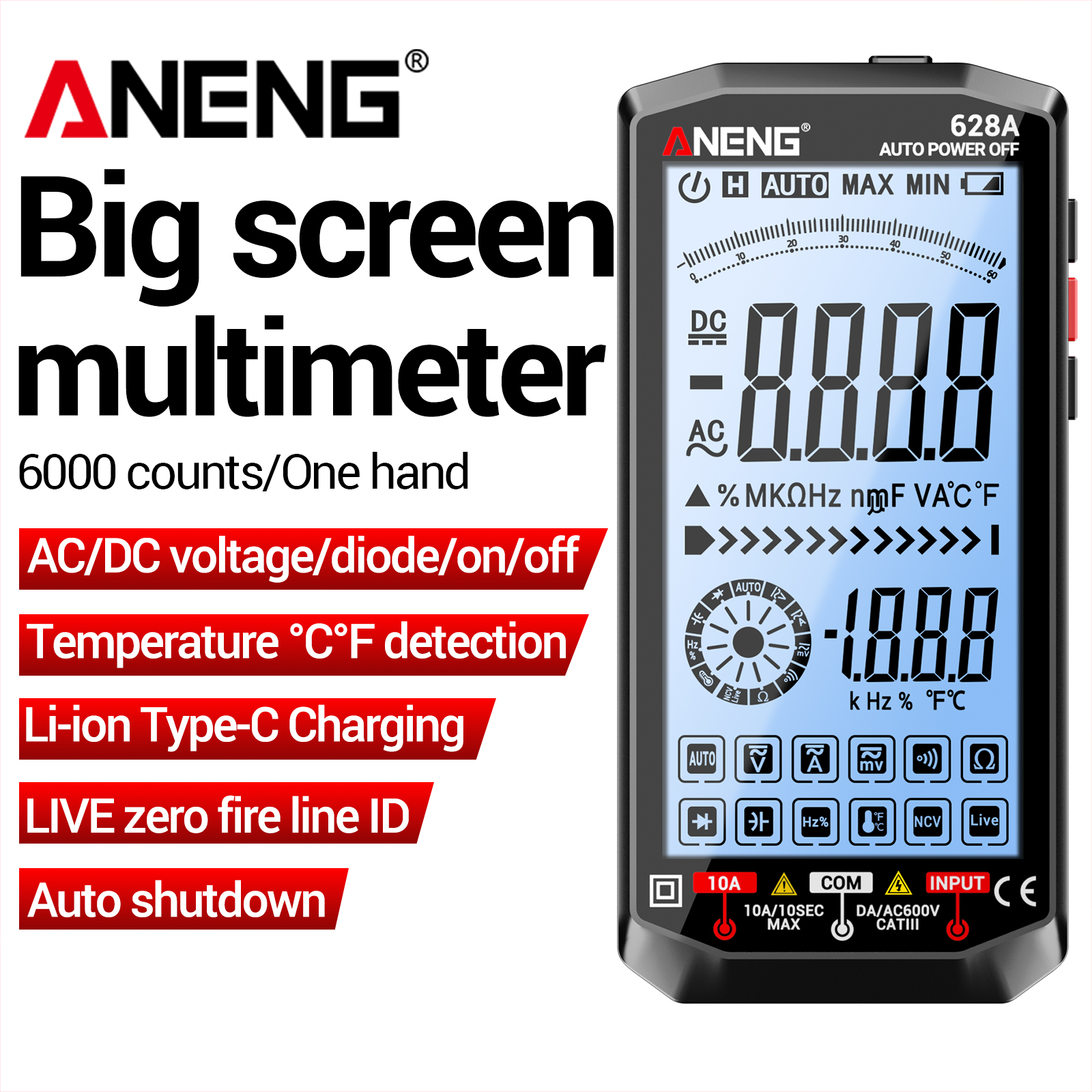 ANENG Digital Multimeter 628A 4.5" Large Backlit Screen