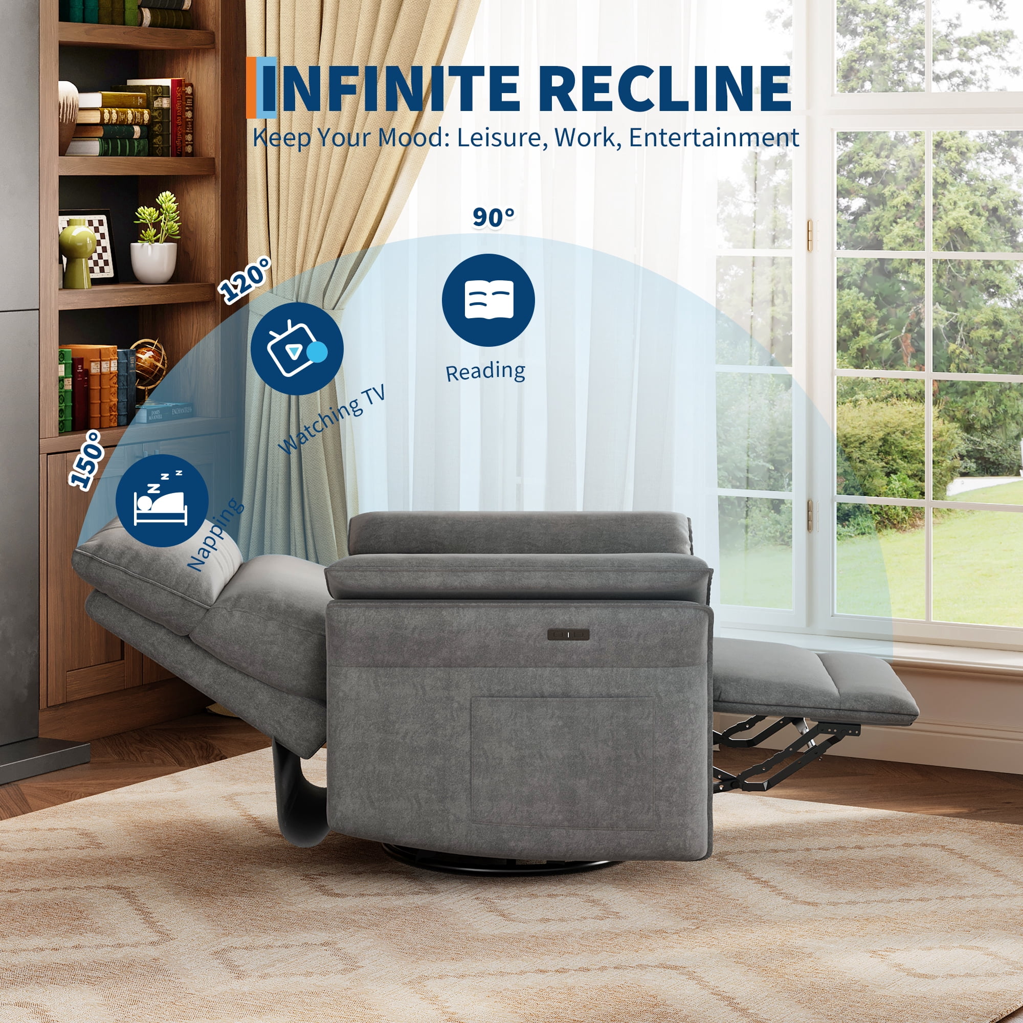 Power Recliner Chair Glider – Swivel Rocker with USB Charging Port, 270° Rotation, 350 lb Capacity, & Double-Layered Armrests – Chenille Upholstery for Living Room, Nursery, Bedroom