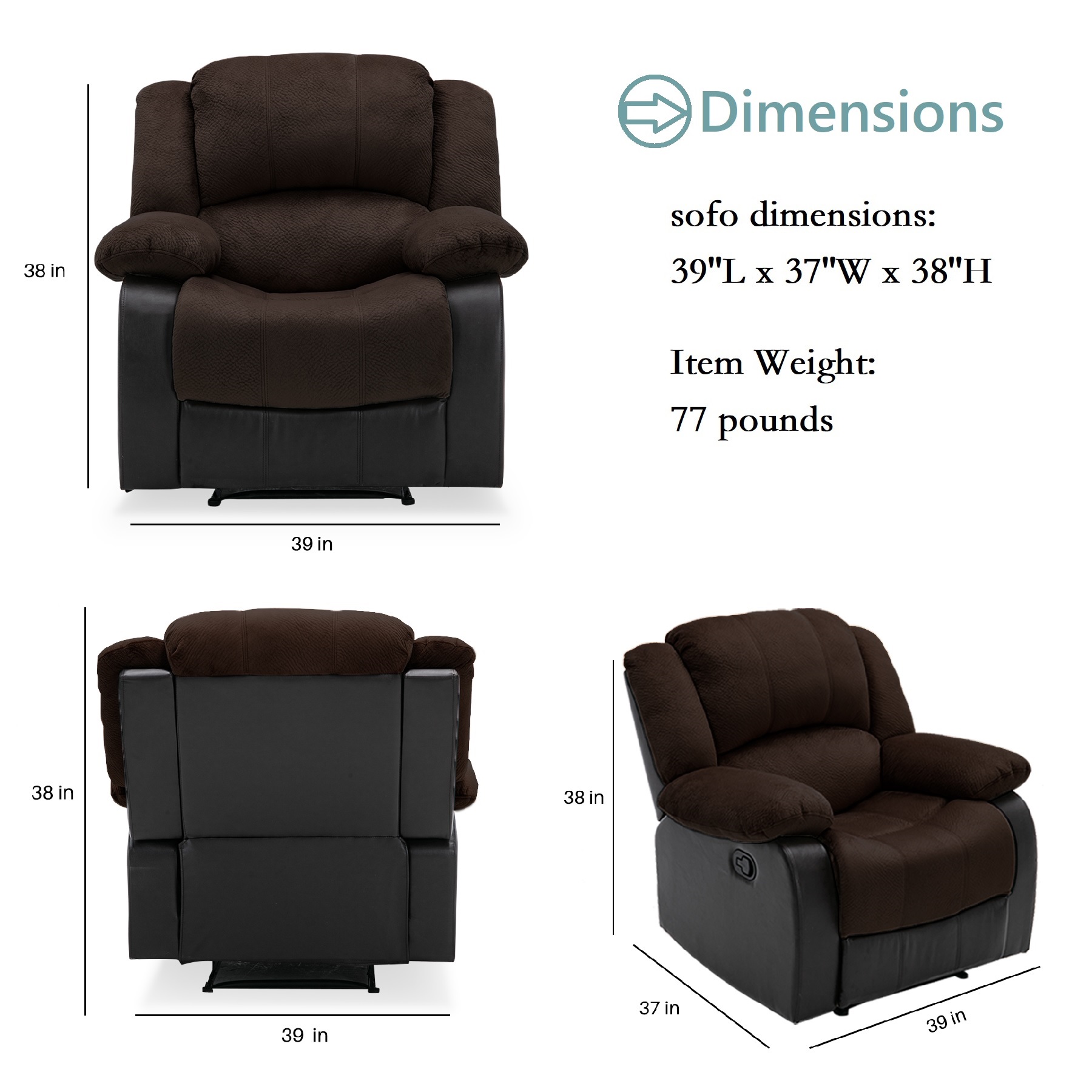 Nathaniel Home Manual Single Recliner Chair, PU Leather Upholstered Couch Sofa, Tufted Reclining Sofa, Plush Scoop Theater Seating, Lounge Chair for Living Room, Brown