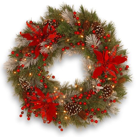 60 Inch Outdoor Christmas Wreath Pre-Lit Tartan Plaid Artificial Christmas Wreath - 24-Inch, LED Lights ()