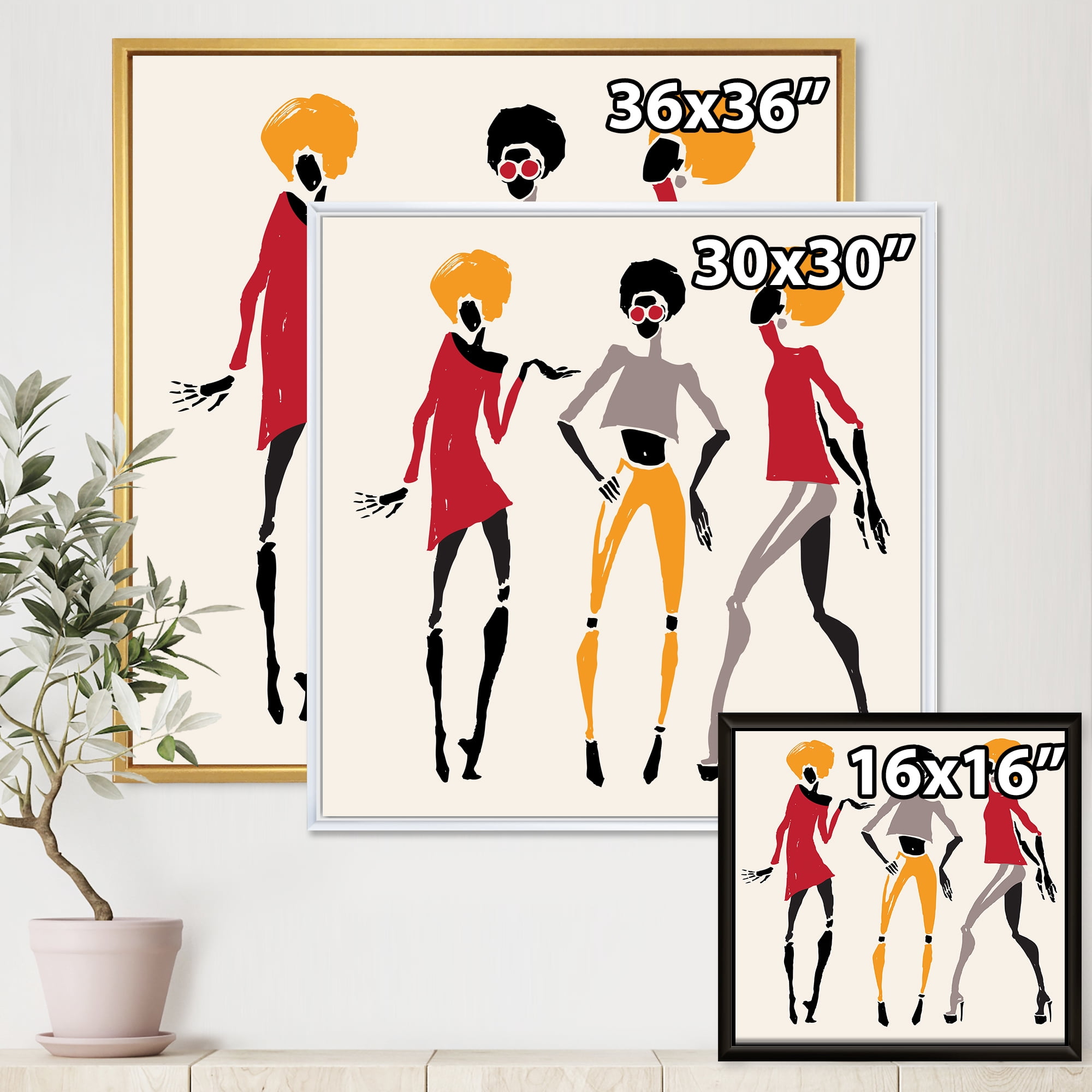 Designart 'African American Women Silhouettes Red and Yellow I' Modern Framed Canvas Wall Art Print