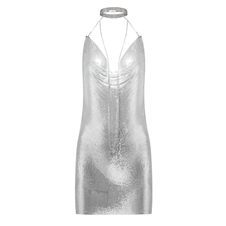 FAKKDUK Women Sexy Halter Mini Dress Y2K Low Cut Mini Dress Sleeveless Cowl Neck Spaghetti Strap See Through Metal Chain Halter Sequin Glitter Sparkle