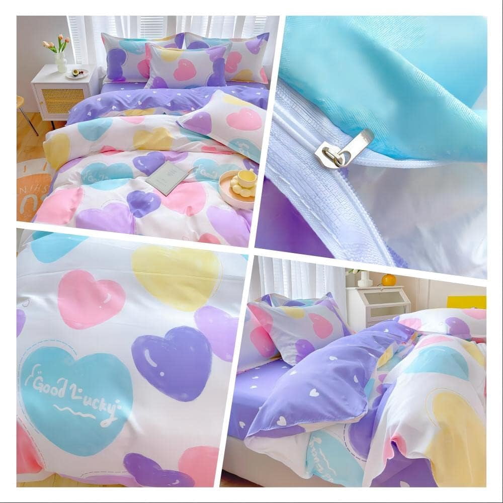 CinYana Colorful Love Heart Kids Duvet Cover,3 Pcs Kawaii Comforter Cover Set,Cute Bedding Set Zipper and 2 Pillowcase(Love,Full/Queen)