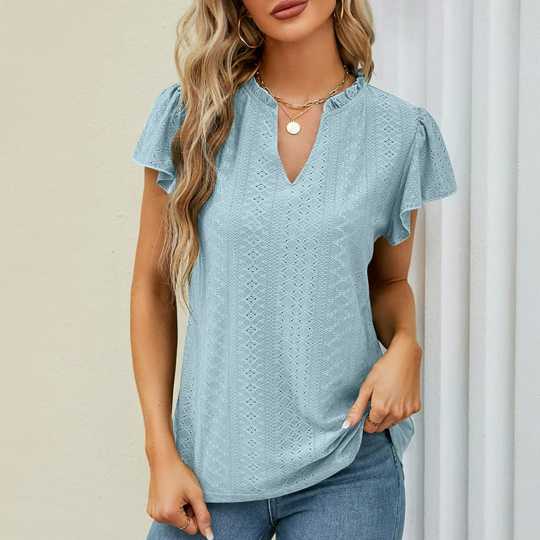 SELONE Dressy Tops for Evening Wear Plus Size Short Sleeve Tops Blouses  Regular Fit T Shirts Pullover Tees Tops Solid T-Shirts V Neck Tops Casual