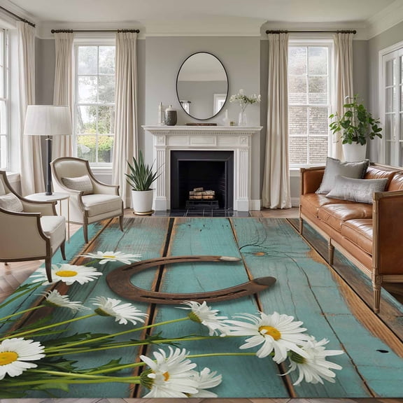 Large Area Rugs for Living Room Bedroom, Daisy Flower 8'x10' Rug Washable Carpet Runner Indoor Outdoor, Vintage Horseshoes Farmhouse Wooden Grain Teal Non Slip Floor Mats Rug for Kitchen, Patio