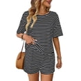 thumbnail image 5 of XuJwPNcy Women's Two Piece Pajama Set Striped Print Crew Neck Short Sleeve Tee with Stretchy Shorts Set Trendy Sleepwear, 5 of 5