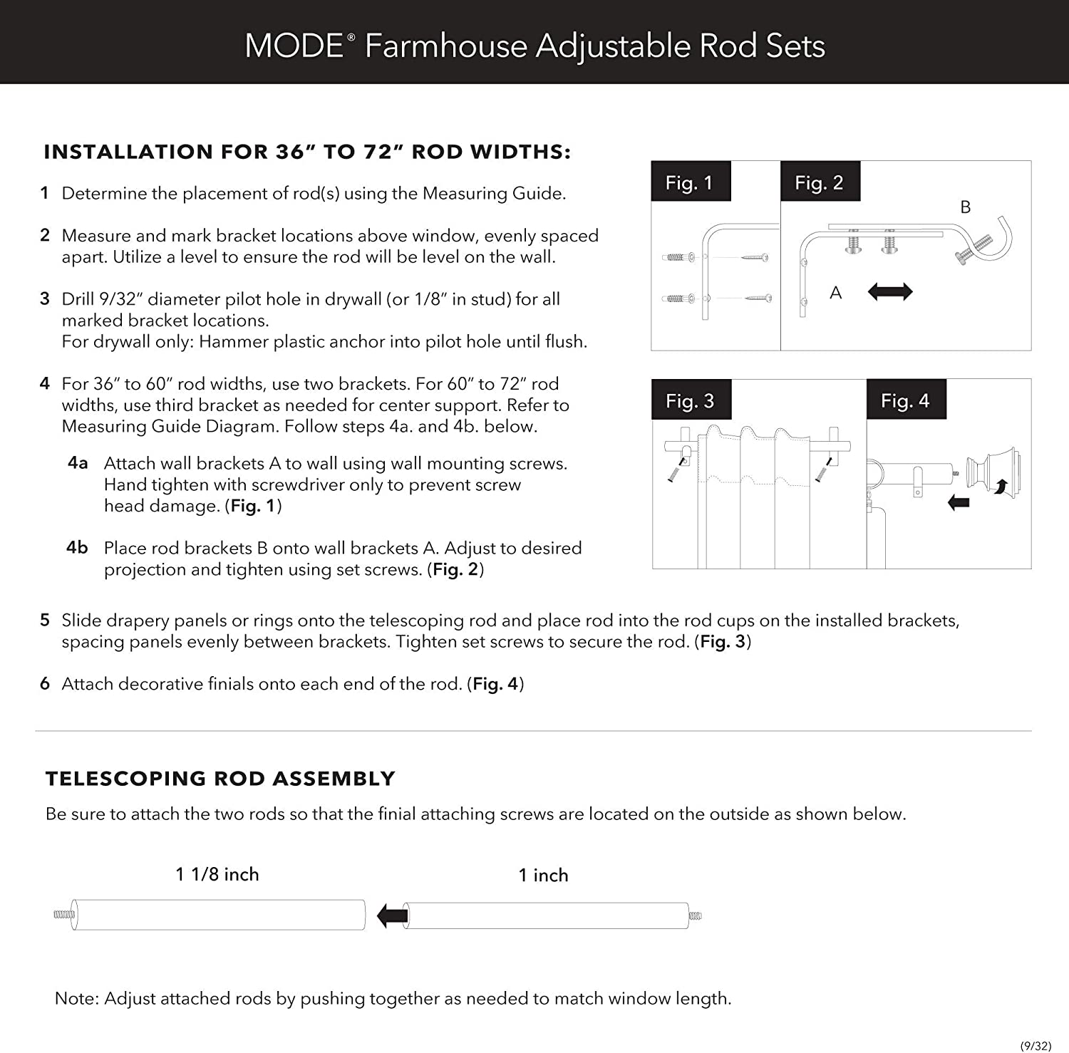 MODE Farmhouse Collection Adjustable Curtain Rod Set with Square Finials, Fits 24” to 60” Windows