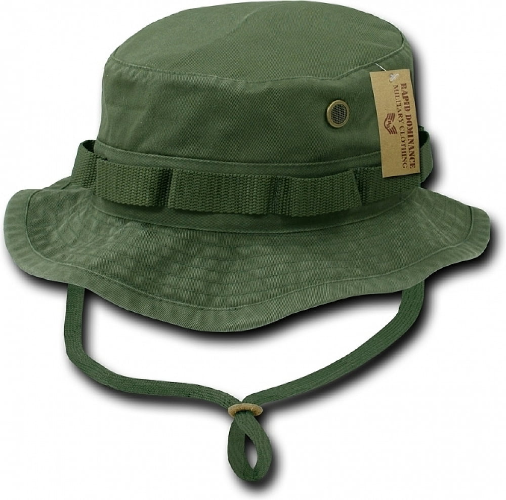 ARMY STYLE OLIVE GREEN BOONIE HAT RIPSTOP SUN FISHING ADJUSTABLE  CHINSTRAP 