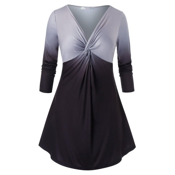 Talla grande Ombre Nudo manga larga V cuello superior Rosegal Mangas largas de talla grande