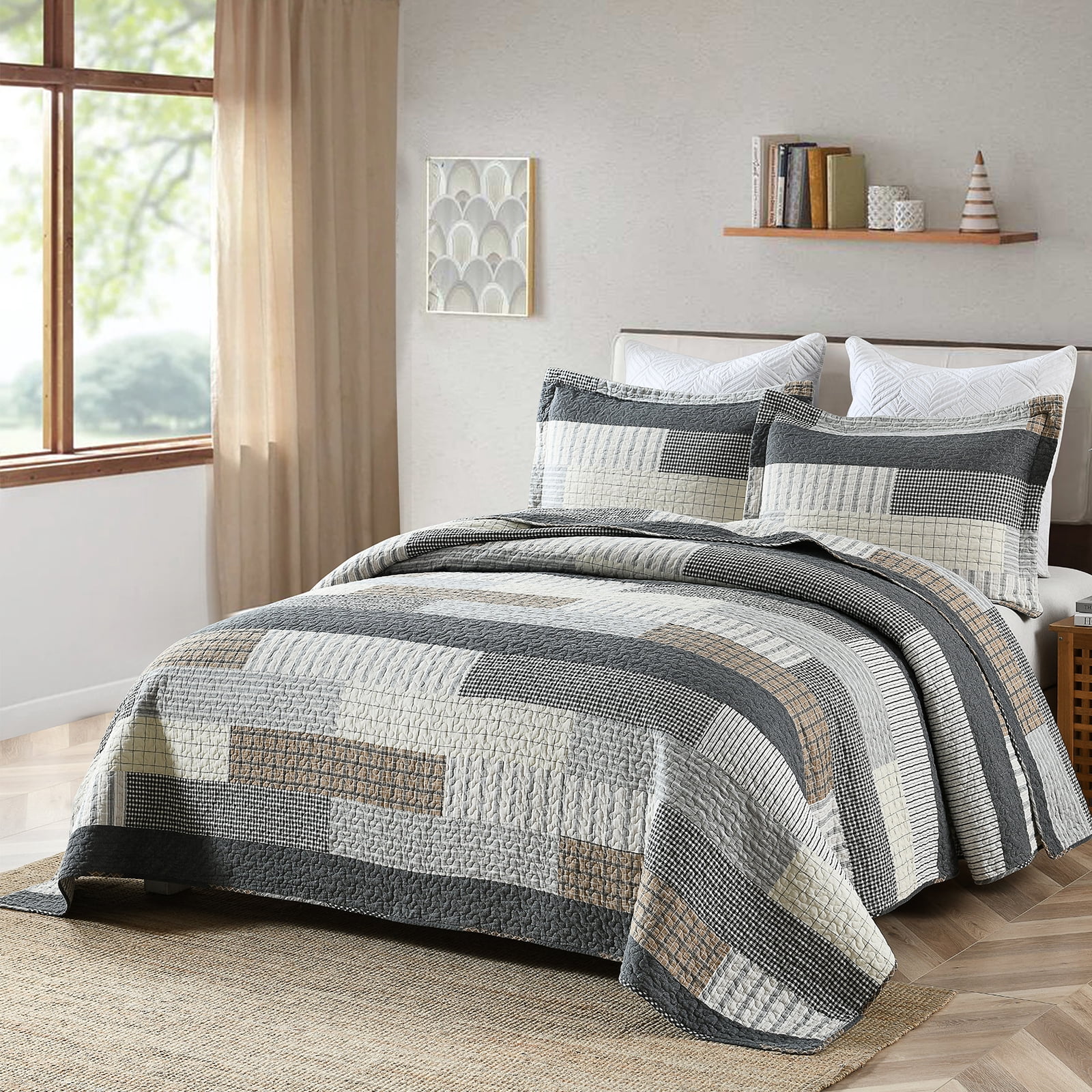 DDUOXIN Farmhouse Cotton Quilt for King Bed - 100% Cotton Gray Brown Patchwork Plaid Striped King Size Quilt Bedspread, Neutral Lightweight Reversible All Season Coverlet/Comforter Set, 3 Piece