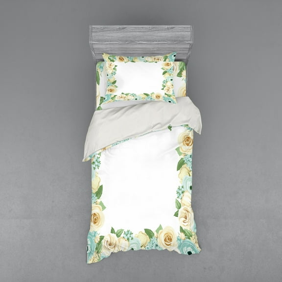 Ambesonne Shabby Flora Bedding Set 3 Pcs, Flower Roses Leaves, Twin, Blue Green and Cream