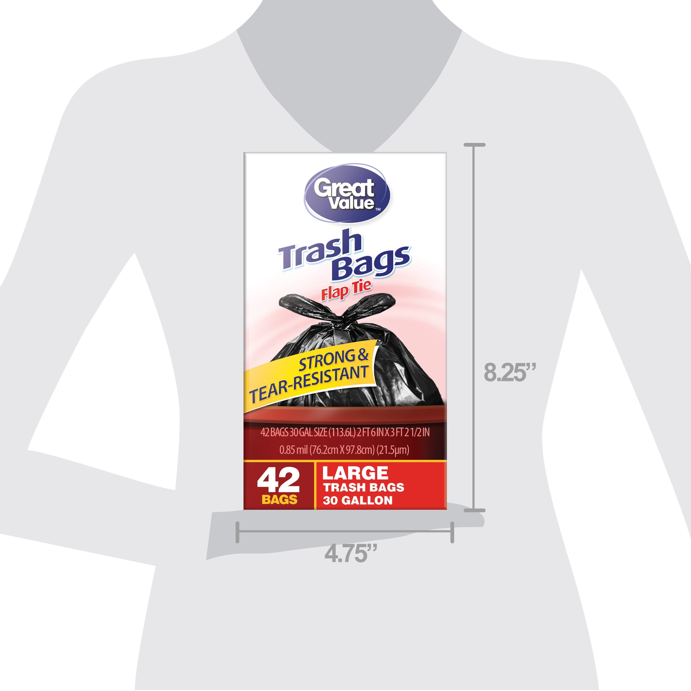 Great Value 30 Gallon Flap Tie Trash Bags, 42 Bags