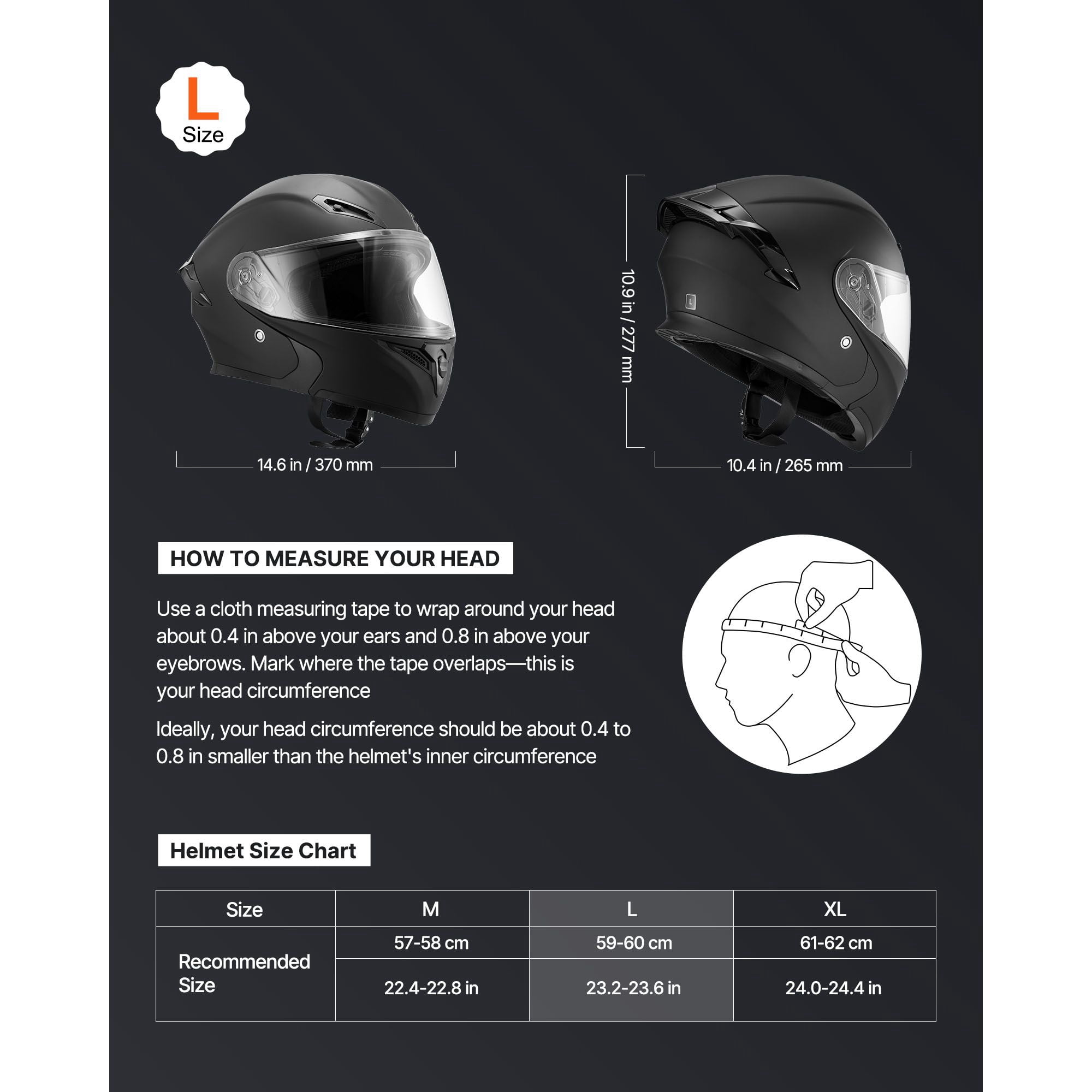 Modular Motorcycle Helmet for Adults with Large Clear Visor Detachable Liner DOT Approved Matte Black Size L