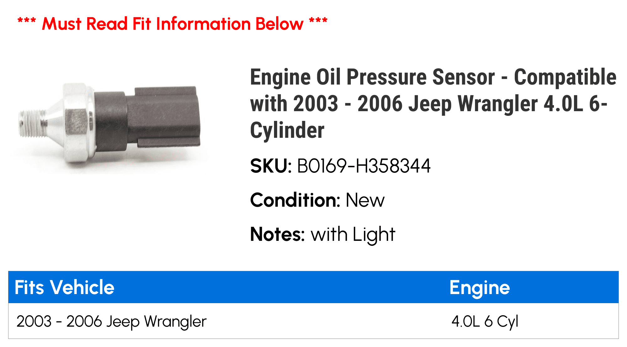 Engine Oil Pressure Sensor - Compatible with 2003 - 2006 Jeep Wrangler 4.0L 6-Cylinder 2004 2005