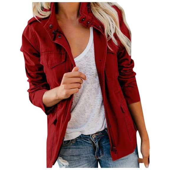 DHFJKG Women's Cargo Jacket Solid Color Oversized Zip Up Coat With Multi Pockets Vintage Leisure Coats